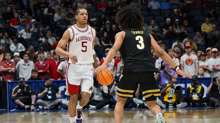 Mar 15, 2026; Nashville, TN, USA; Arkansas Razorbacks guard Darius Acuff Jr. (5) brings the ball up court against the Vanderbilt Commodores during the men's SEC Conference Tournament Championship at Bridgestone Arena. Mandatory Credit: Steve Roberts-Imagn Images Mar 15, 2026; Nashville, TN, USA; Arkansas Razorbacks guard Darius Acuff Jr. (5) brings the ball up court against the Vanderbilt Commodores during the men's SEC Conference Tournament Championship at Bridgestone Arena. Mandatory Credit: Steve Roberts-Imagn Images