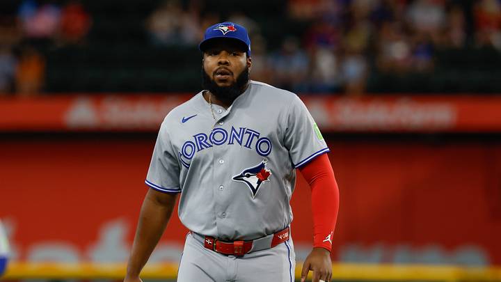 Sep 20, 2026; Arlington, Texas, USA;  Toronto Blue Jays first baseman Vladimir Guerrero Jr. (27) looks on during the first inning against the Texas Rangers at Globe Life Field.  Mandatory Credit: Chris Jones-Imagn Images