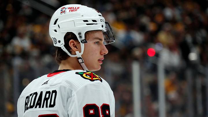 Oct 10, 2023; Pittsburgh, Pennsylvania, USA; Chicago Blackhawks center Connor Bedard (98) looks on before a face-off against the Pittsburgh Penguins during the first period at the PPG Paints Arena. Bedard is making his NHL debut. Mandatory Credit: Charles LeClaire-USA TODAY Sports