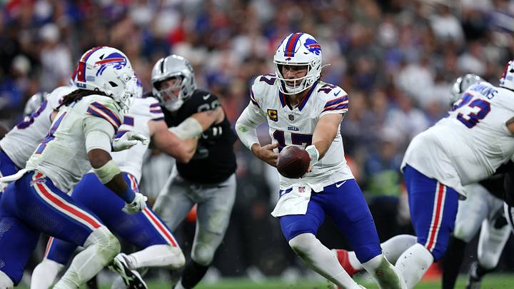 Oct 18, 2026; Paradise, Nevada, USA;  Buffalo Bills quarterback Josh Allen (17) hands off the ball in the second half against the Las Vegas Raiders at Allegiant Stadium.  Mandatory Credit: David Brytus-Imagn Images