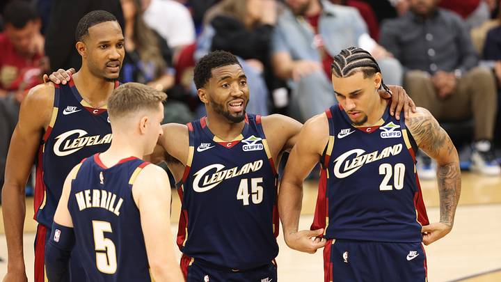 May 23, 2026; Cleveland, Ohio, USA; Cleveland Cavaliers guard Donovan Mitchell (45) huddles around teammates during the fourth quarter against the New York Knicks during game three of the eastern conference finals for the 2026 NBA playoffs at Rocket Arena. Mandatory Credit: Scott Galvin-Imagn Images May 23, 2026; Cleveland, Ohio, USA; Cleveland Cavaliers guard Donovan Mitchell (45) huddles around teammates during the fourth quarter against the New York Knicks during game three of the eastern conference finals for the 2026 NBA playoffs at Rocket Arena. Mandatory Credit: Scott Galvin-Imagn Images
