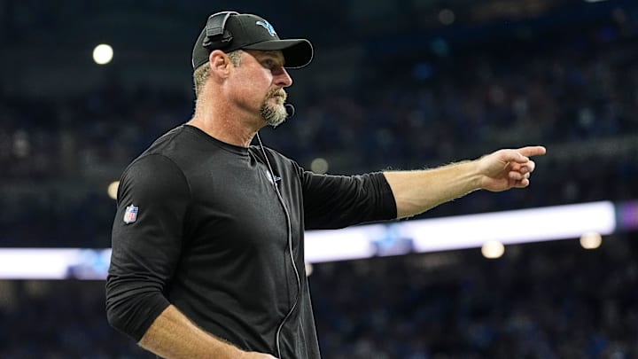Detroit Lions head coach Dan Campbell reacts to a play against the Buffalo Bills during the second half at Ford Field in Detroit on Sunday, Dec. 15, 2024.