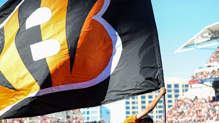 Nov 6, 2022; Cincinnati, Ohio, USA; A member of the Cincinnati Bengals stripe squad runs with a flag