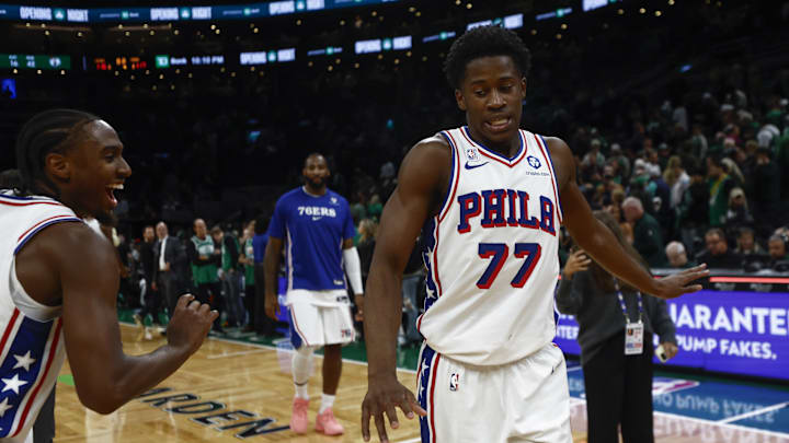 Oct 22, 2025; Boston, Massachusetts, USA; Philadelphia 76ers guard VJ Edgecombe (77) celebrates with guard Tyrese Maxey (0) after they defeated the Boston Celtics 117-116 at TD Garden. Mandatory Credit: Winslow Townson-Imagn Images Oct 22, 2025; Boston, Massachusetts, USA; Philadelphia 76ers guard VJ Edgecombe (77) celebrates with guard Tyrese Maxey (0) after they defeated the Boston Celtics 117-116 at TD Garden. Mandatory Credit: Winslow Townson-Imagn Images