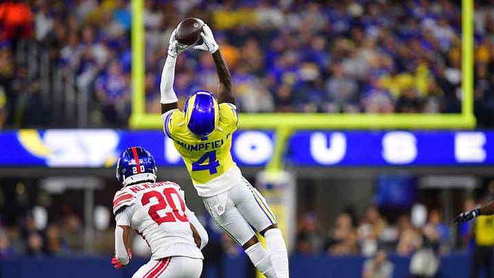 Sep 21, 2026; Inglewood, California, USA; Los Angeles Rams wide receiver Konata Mumpfield (4) makes a catch against New York Giants cornerback Greg Newsome II (20) during the third quarter at SoFi Stadium. Mandatory Credit: Gary A. Vasquez-Imagn Images Sep 21, 2026; Inglewood, California, USA; Los Angeles Rams wide receiver Konata Mumpfield (4) makes a catch against New York Giants cornerback Greg Newsome II (20) during the third quarter at SoFi Stadium. Mandatory Credit: Gary A. Vasquez-Imagn Images