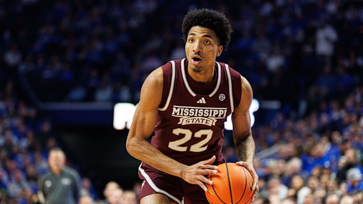 Jan 17, 2024; Lexington, Kentucky, USA; Mississippi State Bulldogs forward Jaquan Scott (22) handles