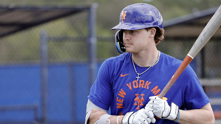 Feb 18, 2026; Port St. Lucie, FL, USA;  New York Mets outfielder Carson Benge steps up to take batting practice during spring training workouts at Clover Park. Mandatory Credit: Reinhold Matay-Imagn Images
