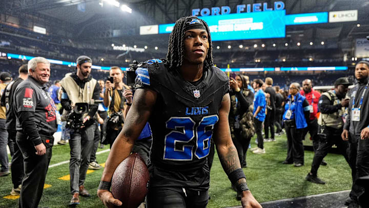 Detroit Lions running back Jahmyr Gibbs (26) exits the field after 31-9 win over Minnesota Vikings at Ford Field 