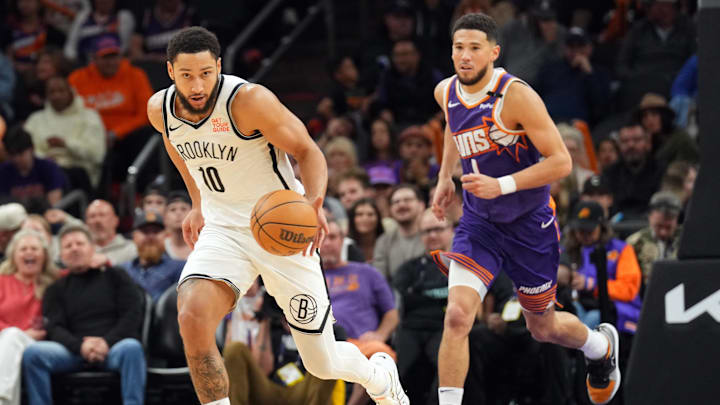 Nov 27, 2024; Phoenix, Arizona, USA; Brooklyn Nets guard Ben Simmons (10) dribbles against the Phoenix Suns during the second half at Footprint Center. Mandatory Credit: Joe Camporeale-Imagn Images