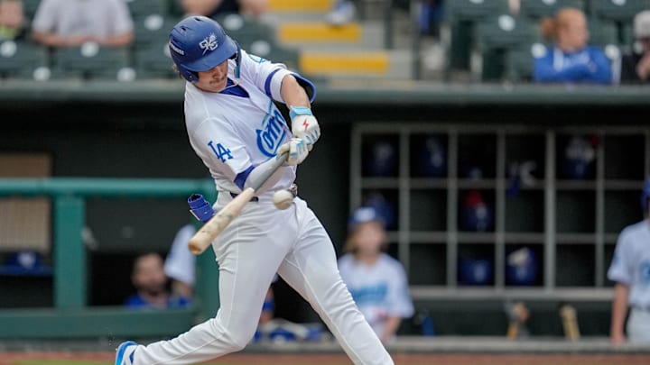 Oklahoma City infielder Alex Freeland (5) takes the plate during the home opener Minor League baseball game between the Oklahoma City Comets and the El Paso Chihuahuas at Chickasaw Bricktown Ballpark in Oklahoma City on Tuesday, April 1, 2025.