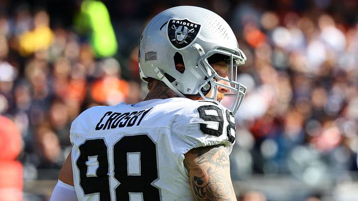 Oct 22, 2023; Chicago, Illinois, USA; Las Vegas Raiders defensive end Maxx Crosby (98) in the first half against the Chicago Bears at Soldier Field. Mandatory Credit: Mike Dinovo-USA TODAY Sports Oct 22, 2023; Chicago, Illinois, USA; Las Vegas Raiders defensive end Maxx Crosby (98) in the first half against the Chicago Bears at Soldier Field. Mandatory Credit: Mike Dinovo-USA TODAY Sports