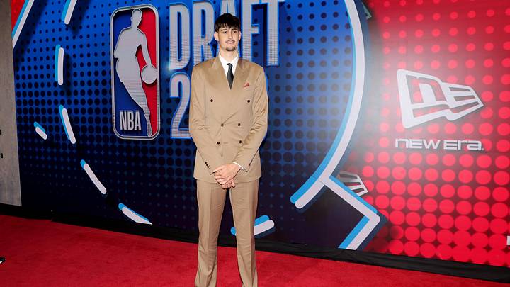 Jun 23, 2026; New York, NY, USA; Draft prospect Aday Mara poses for photos on the red carpet before the 2026 NBA draft at Barclays Center. Mandatory Credit: Brad Penner-Imagn Images