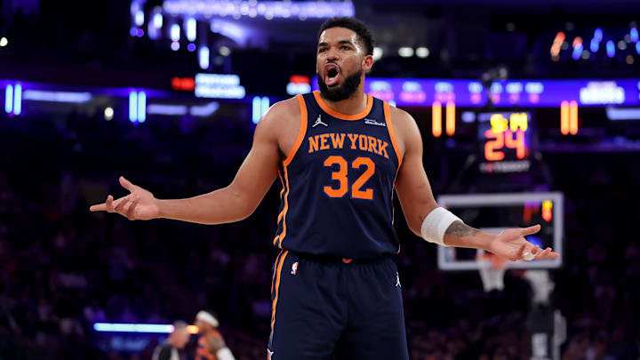 Mar 17, 2025; New York, New York, USA; New York Knicks center Karl-Anthony Towns (32) reacts during the first quarter against the Miami Heat at Madison Square Garden. Mandatory Credit: Brad Penner-Imagn Images