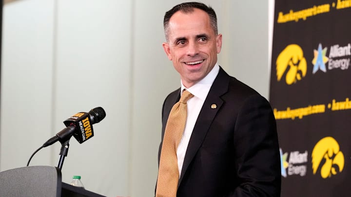 Ben McCollum, Iowa's new head men's basketball coach, speaks during his introductory press conference Tuesday, March 25, 2025 at Carver-Hawkeye Arena in Iowa City, Iowa.