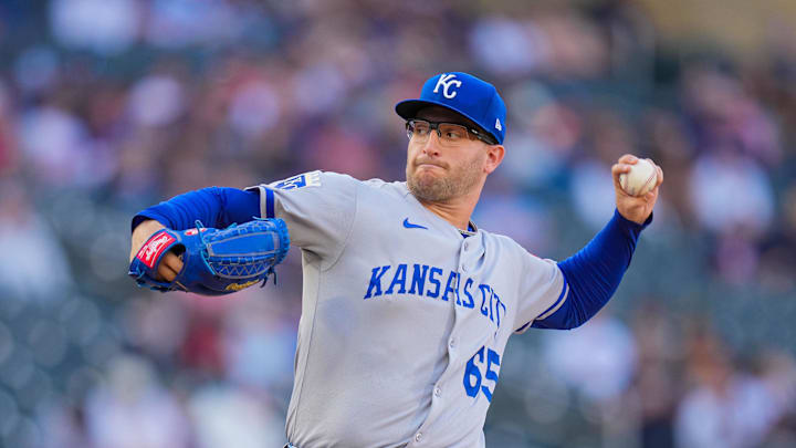 May 23, 2025; Minneapolis, Minnesota, USA; Kansas City Royals pitcher Noah Cameron (65) pitches against the Minnesota Twins in the first inning at Target Field. Mandatory Credit: Brad Rempel-Imagn Images