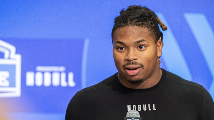 Feb 28, 2024; Indianapolis, IN, USA; Michigan defensive lineman Kris Jenkins (DL13) talks to the media at the NFL Combine Feb 28, 2024; Indianapolis, IN, USA; Michigan defensive lineman Kris Jenkins (DL13) talks to the media at the NFL Combine