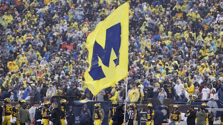 Sep 28, 2024; Ann Arbor, Michigan, USA; Michigan Wolverines cheerleader celebrates a touchdown in the first half against the Minnesota Golden Gophers at Michigan Stadium. Mandatory Credit: Rick Osentoski-Imagn Images Sep 28, 2024; Ann Arbor, Michigan, USA; Michigan Wolverines cheerleader celebrates a touchdown in the first half against the Minnesota Golden Gophers at Michigan Stadium. Mandatory Credit: Rick Osentoski-Imagn Images