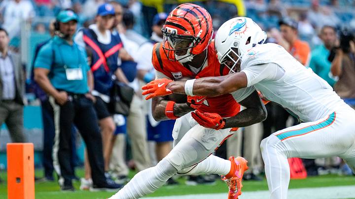 Cincinnati Bengals wide receiver Ja'marr Chase (1) is brought down short of the goal line by Miami Dolphins cornerback Chris Johnson (3) in the second quarter of the NFL Week 5 game between the Miami Dolphins and the Cincinnati Bengals at Hard Rock Stadium in Miami Gardens, Florida, on Sunday, Oct. 11, 2026. Cincinnati Bengals wide receiver Ja'marr Chase (1) is brought down short of the goal line by Miami Dolphins cornerback Chris Johnson (3) in the second quarter of the NFL Week 5 game between the Miami Dolphins and the Cincinnati Bengals at Hard Rock Stadium in Miami Gardens, Florida, on Sunday, Oct. 11, 2026.