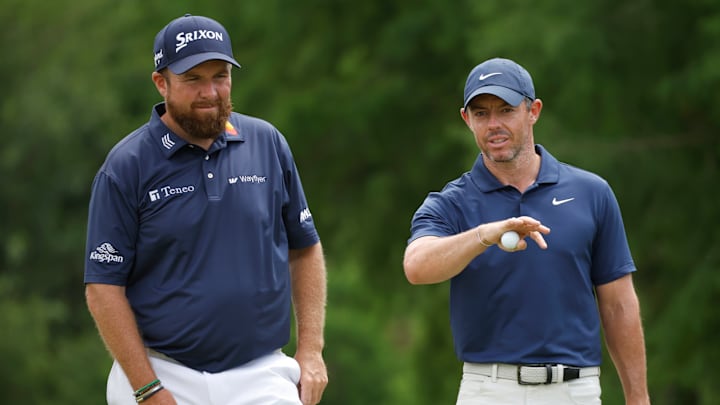 Shane Lowry and Rory McIlroy during the third round of the 2024 Zurich Classic of New Orleans at TPC Louisiana