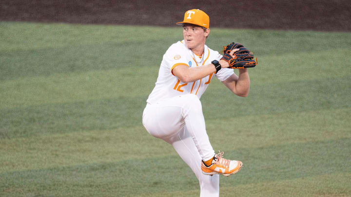 Tennessee's Liam Doyle (12) pitches against Wake Forest at the NCAA college baseball Knoxville Regional final on June 2, 2025, in Knoxville, Tenn.