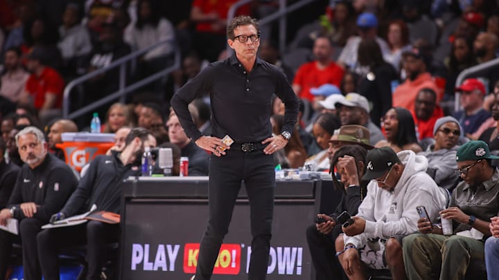 Apr 6, 2025; Atlanta, Georgia, USA; Atlanta Hawks head coach Quin Snyder on the sideline against the Utah Jazz in the third quarter at State Farm Arena. Mandatory Credit: Brett Davis-Imagn Images Apr 6, 2025; Atlanta, Georgia, USA; Atlanta Hawks head coach Quin Snyder on the sideline against the Utah Jazz in the third quarter at State Farm Arena. Mandatory Credit: Brett Davis-Imagn Images