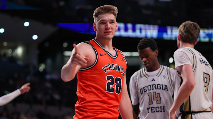 Feb 18, 2026; Atlanta, Georgia, USA; Virginia Cavaliers forward Thijs de Ridder (28) reacts after a play against the Georgia Tech Yellow Jackets in the first half at McCamish Pavilion. Mandatory Credit: Brett Davis-Imagn Images