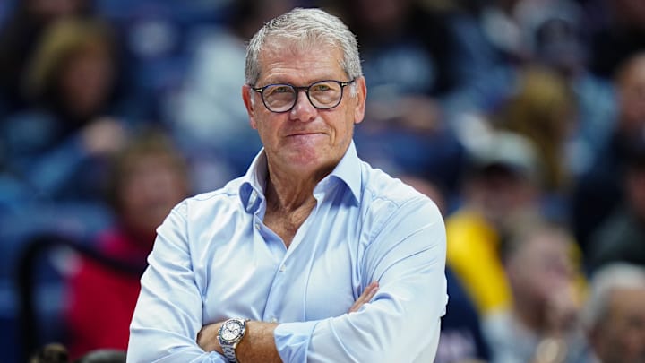 Nov 9, 2025; Storrs, Connecticut, USA; UConn Huskies head coach Geno Auriemma watches from the sideline as they take on the Florida State Seminoles at Harry A. Gampel Pavilion. Mandatory Credit: David Butler II-Imagn Images Nov 9, 2025; Storrs, Connecticut, USA; UConn Huskies head coach Geno Auriemma watches from the sideline as they take on the Florida State Seminoles at Harry A. Gampel Pavilion. Mandatory Credit: David Butler II-Imagn Images
