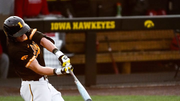 Iowa infielder Kooper Schulte (9) bats against Bradley April 16, 2025 at Duane Banks Field in Iowa City, Iowa.