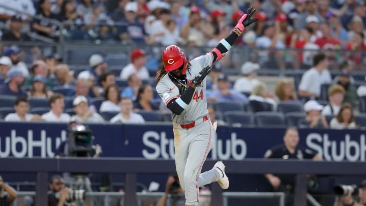 Jul 2, 2024; Bronx, New York, USA; Cincinnati Reds shortstop Elly De La Cruz (44) rounds the bases after hitting a two run home run against the New York Yankees during the fifth inning at Yankee Stadium. Mandatory Credit: Brad Penner-USA TODAY Sports