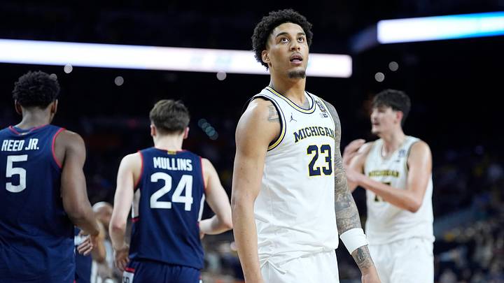 Michigan forward Yaxel Lendeborg (23) on the court during the first half of the NCAA national championship game at Lucas Oil Stadium in Indianapolis on Monday, April 6, 2026. Michigan forward Yaxel Lendeborg (23) on the court during the first half of the NCAA national championship game at Lucas Oil Stadium in Indianapolis on Monday, April 6, 2026.