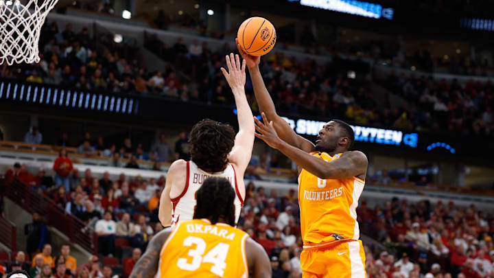 Mar 27, 2026; Chicago, IL, USA; Tennessee Volunteers forward DeWayne Brown II (6) shoots in the second half against the Iowa State Cyclones during a Sweet Sixteen game of the Midwest Regional of the men's 2026 NCAA Tournament at United Center. Mandatory Credit: Kamil Krzaczynski-Imagn Images Mar 27, 2026; Chicago, IL, USA; Tennessee Volunteers forward DeWayne Brown II (6) shoots in the second half against the Iowa State Cyclones during a Sweet Sixteen game of the Midwest Regional of the men's 2026 NCAA Tournament at United Center. Mandatory Credit: Kamil Krzaczynski-Imagn Images