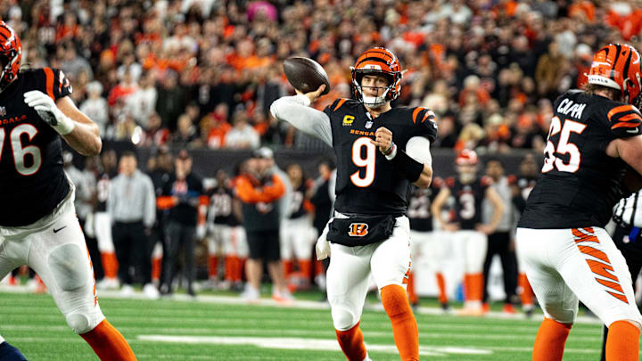 Cincinnati Bengals quarterback Joe Burrow (9) throws a pass in the third quarter of the NFL game against the Denver Broncos at Paycor Stadium in Cincinnati on Saturday, Dec. 28, 2024. Cincinnati Bengals quarterback Joe Burrow (9) throws a pass in the third quarter of the NFL game against the Denver Broncos at Paycor Stadium in Cincinnati on Saturday, Dec. 28, 2024.