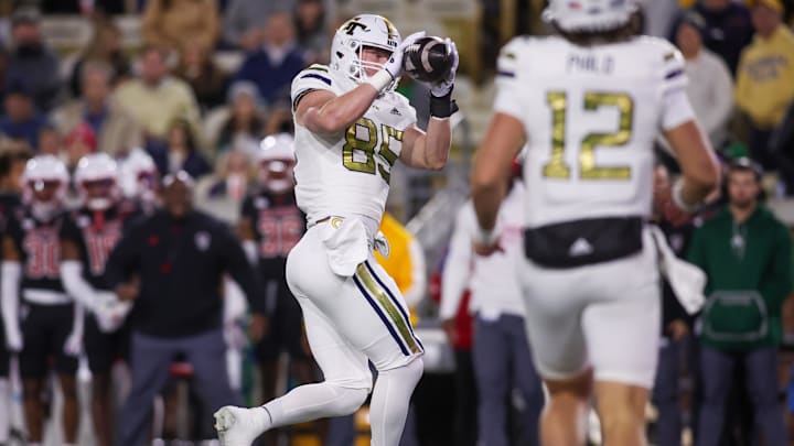 Nov 21, 2024; Atlanta, Georgia, USA; Georgia Tech Yellow Jackets tight end Jackson Hawes (85) catches a pass against the North Carolina State Wolfpack in the first quarter at Bobby Dodd Stadium at Hyundai Field.  