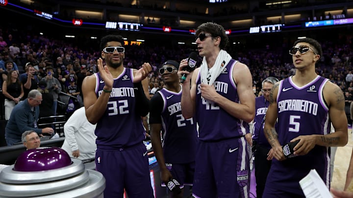 Mar 15, 2026; Sacramento, California, USA; Sacramento Kings Dylan Cardwell (32), Daeqwon Plowden (29), Maxine Raynaud (42), and Nique Clifford (5) pump up the crowd before lighting the beam after defeating the Utah Jazz at Golden 1 Center. Mandatory Credit: Dennis Lee-Imagn Images Mar 15, 2026; Sacramento, California, USA; Sacramento Kings Dylan Cardwell (32), Daeqwon Plowden (29), Maxine Raynaud (42), and Nique Clifford (5) pump up the crowd before lighting the beam after defeating the Utah Jazz at Golden 1 Center. Mandatory Credit: Dennis Lee-Imagn Images