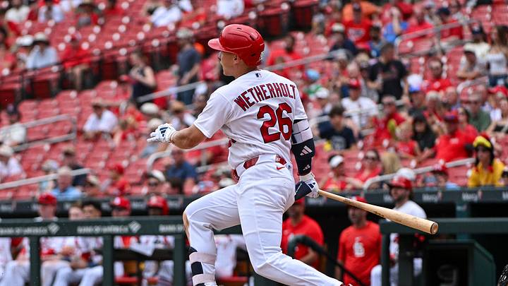 Aug 12, 2026; St. Louis, Missouri, USA; St. Louis Cardinals second baseman JJ Wetherholt (26) hits a single against the Philadelphia Phillies during the fifth inning at Busch Stadium. Mandatory Credit: Jeff Curry-Imagn Images Aug 12, 2026; St. Louis, Missouri, USA; St. Louis Cardinals second baseman JJ Wetherholt (26) hits a single against the Philadelphia Phillies during the fifth inning at Busch Stadium. Mandatory Credit: Jeff Curry-Imagn Images