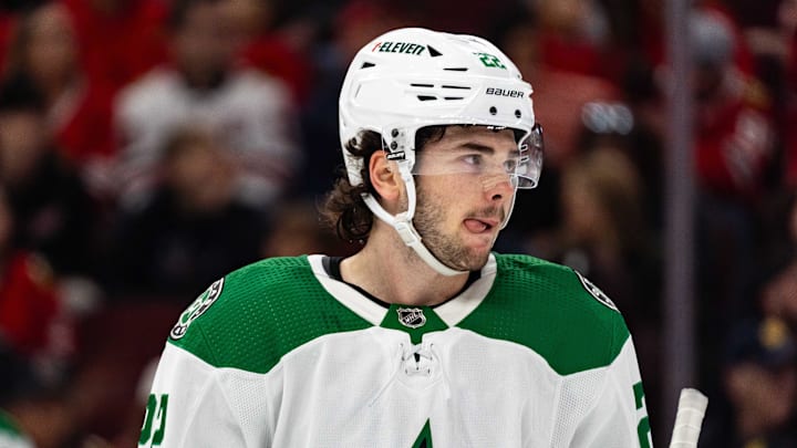 Apr 6, 2024; Chicago, Illinois, USA; Dallas Stars center Mavrik Bourque (22) during a break in the