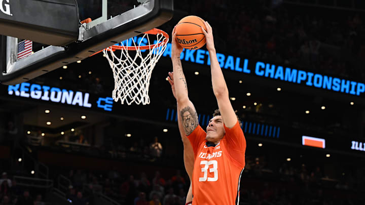 Mar 28, 2024; Boston, MA, USA;Illinois Fighting Illini forward Coleman Hawkins (33) dunks the ball against the Iowa State Cyclones in the semifinals of the East Regional of the 2024 NCAA Tournament at TD Garden. Mandatory Credit: Brian Fluharty-USA TODAY Sports