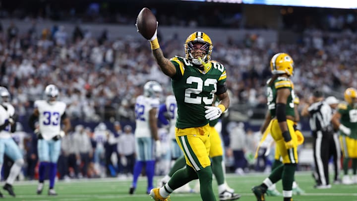 Jan 14, 2024; Arlington, Texas, USA; Green Bay Packers cornerback Jaire Alexander (23) reacts after