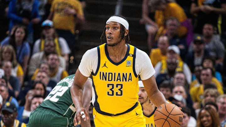 Apr 28, 2024; Indianapolis, Indiana, USA; Indiana Pacers center Myles Turner (33) dribbles the ball during game four of the first round for the 2024 NBA playoffs against the Milwaukee Bucks at Gainbridge Fieldhouse. Mandatory Credit: Trevor Ruszkowski-Imagn Images Apr 28, 2024; Indianapolis, Indiana, USA; Indiana Pacers center Myles Turner (33) dribbles the ball during game four of the first round for the 2024 NBA playoffs against the Milwaukee Bucks at Gainbridge Fieldhouse. Mandatory Credit: Trevor Ruszkowski-Imagn Images