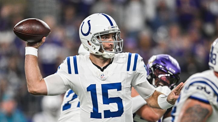 Nov 3, 2024; Minneapolis, Minnesota, USA; Indianapolis Colts quarterback Joe Flacco (15) throws a pass against the Minnesota Vikings during the first quarter at U.S. Bank Stadium. Mandatory Credit: Jeffrey Becker-Imagn Images