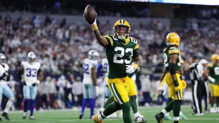 Green Bay Packers cornerback Jaire Alexander (23) reacts after an interception against the Dallas Cowboys.