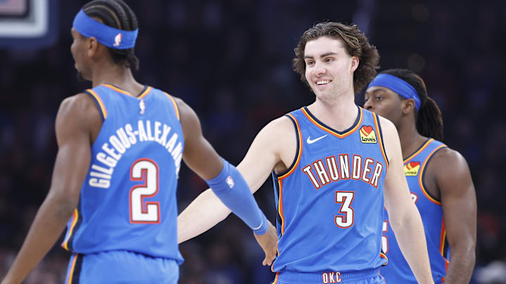 Dec 26, 2023; Oklahoma City, Oklahoma, USA; Oklahoma City Thunder guard Josh Giddey (3) celebrates Dec 26, 2023; Oklahoma City, Oklahoma, USA; Oklahoma City Thunder guard Josh Giddey (3) celebrates