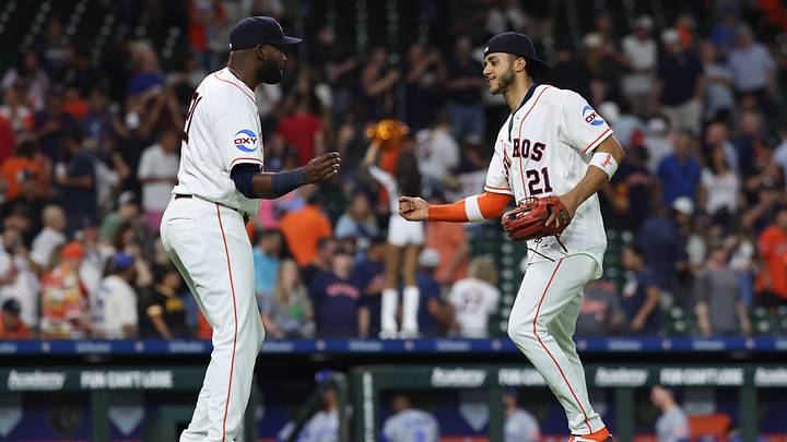 Sep 15, 2026; Houston, Texas, USA; Houston Astros shortstop Jeremy Pena (right) celebrates with designated hitter Yordan Alvarez after the game against the Kansas City Royals at Daikin Park. Mandatory Credit: Troy Taormina-Imagn Images