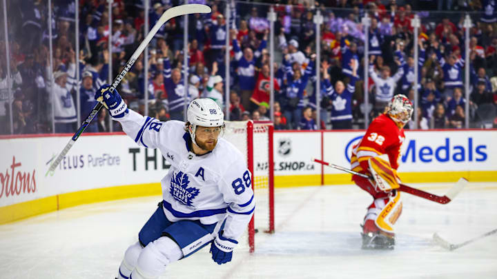 Feb 2, 2026; Calgary, Alberta, CAN; Toronto Maple Leafs right wing William Nylander (88) celebrates his goal against Calgary Flames goaltender Dustin Wolf (32) during the first period at Scotiabank Saddledome. Mandatory Credit: Sergei Belski-Imagn Images