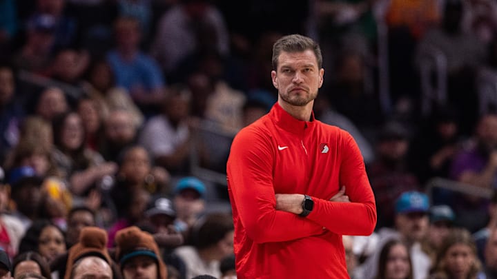 Feb 28, 2026; Charlotte, North Carolina, USA; Portland Trail Blazers acting head coach Tiago Splitter. Mandatory Credit: Scott Kinser-Imagn Images