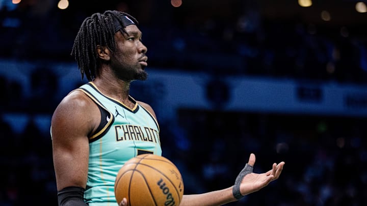 Jan 24, 2025; Charlotte, North Carolina, USA; Charlotte Hornets center Mark Williams (5) reacts after a foul against the Portland Trail Blazers during the third quarter at Spectrum Center. Mandatory Credit: Scott Kinser-Imagn Images