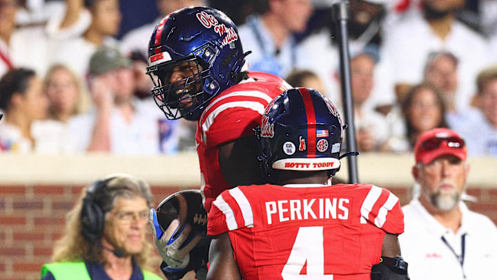 Aug 30, 2025; Oxford, Mississippi, USA; Mississippi Rebels defensive linemen Zxavian Harris (51) reacts after an interception during the third quarter against the Georgia State Panthers  at Vaught-Hemingway Stadium. Mandatory Credit: Petre Thomas-Imagn Images