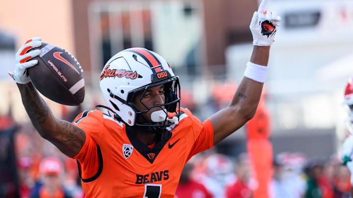 Sep 6, 2025; Corvallis, Oregon, USA; Oregon State Beavers wide receiver David Wells Jr. (1) celebrates a touchdown during the fourth quarter against the Fresno State Bulldogs at Reser Stadium. Mandatory Credit: Craig Strobeck-Imagn Images