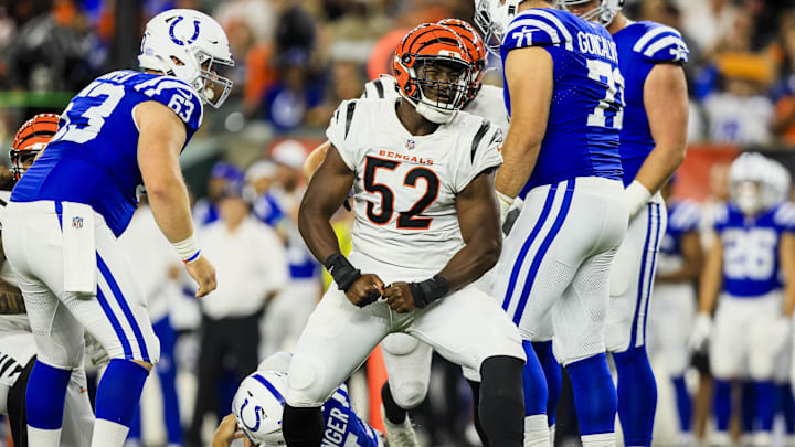 Aug 22, 2024; Cincinnati, Ohio, USA; Cincinnati Bengals defensive end Cedric Johnson (52) reacts after sacking Indianapolis Colts quarterback Sam Ehlinger (4) in the first half at Paycor Stadium. Mandatory Credit: Katie Stratman-Imagn Images
