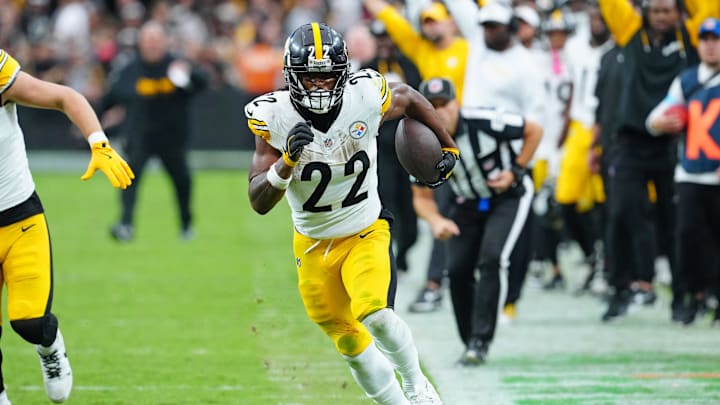 Oct 13, 2024; Paradise, Nevada, USA; Pittsburgh Steelers running back Najee Harris (22) gains yardage down the sidelines against the Las Vegas Raiders during the third quarter at Allegiant Stadium. Mandatory Credit: Stephen R. Sylvanie-Imagn Images